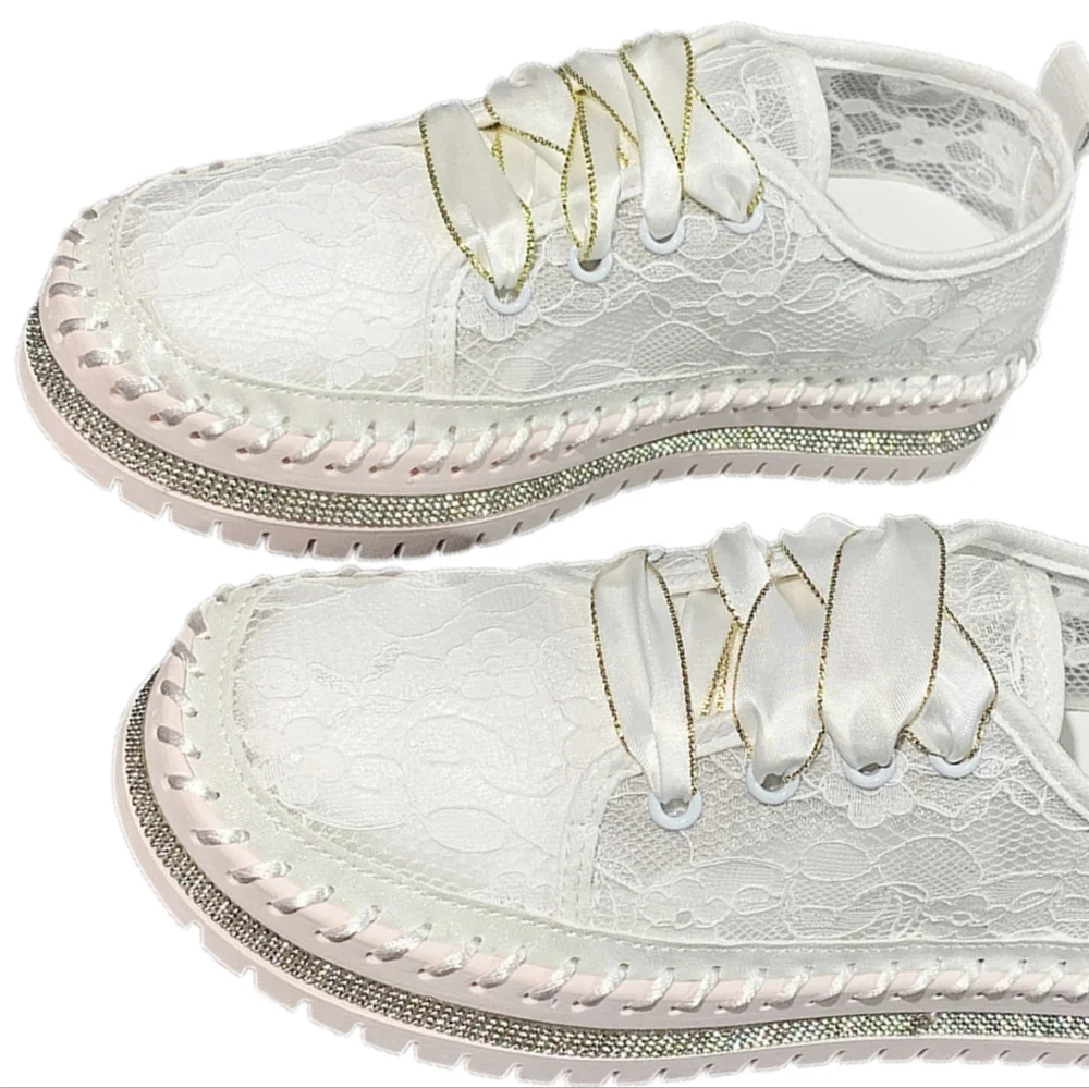 Lace Mesh Rhinestone Platform Sneakers Satin Ribbon Laces Retro Y2K Bling Shoes